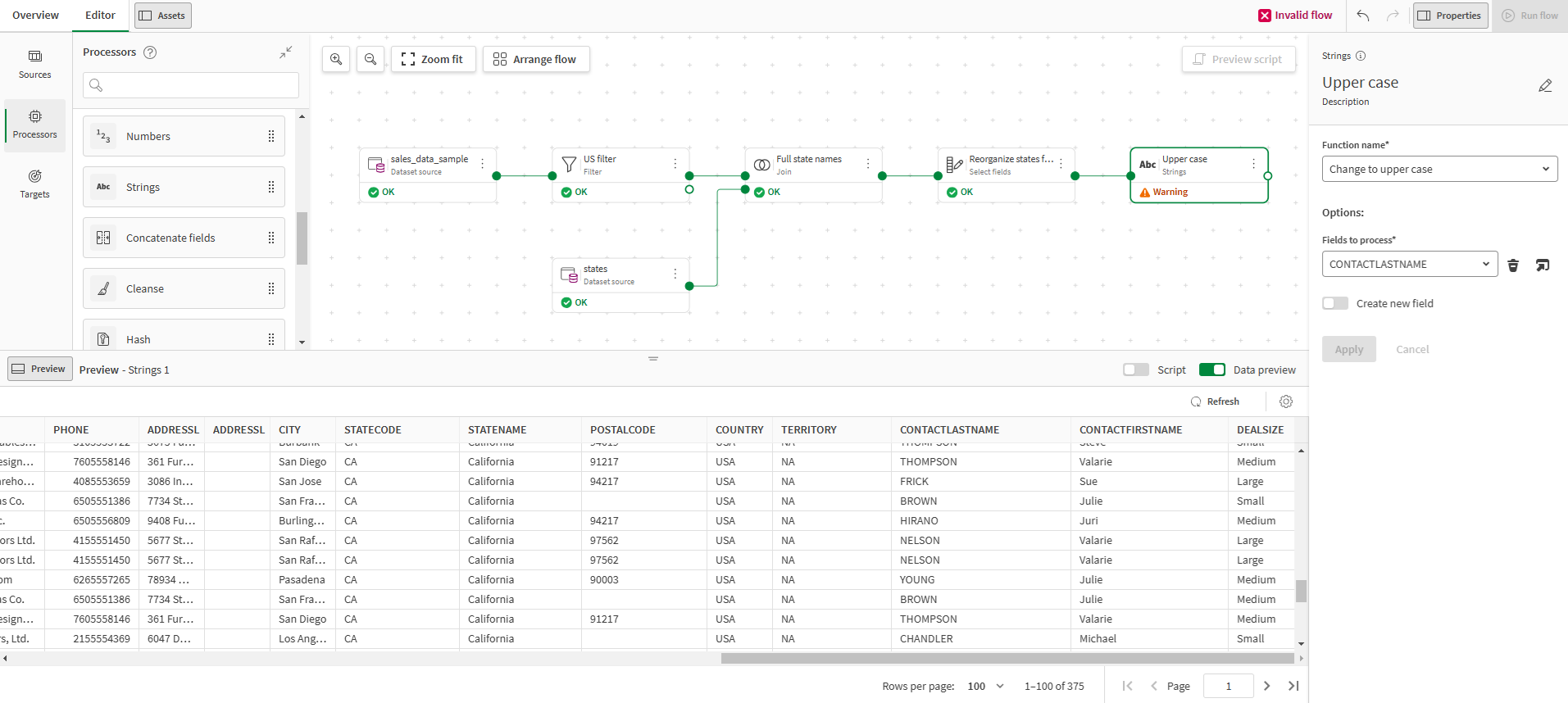 Configuración del procesador de cadenas para cambiar las mayúsculas y minúsculas de los apellidos