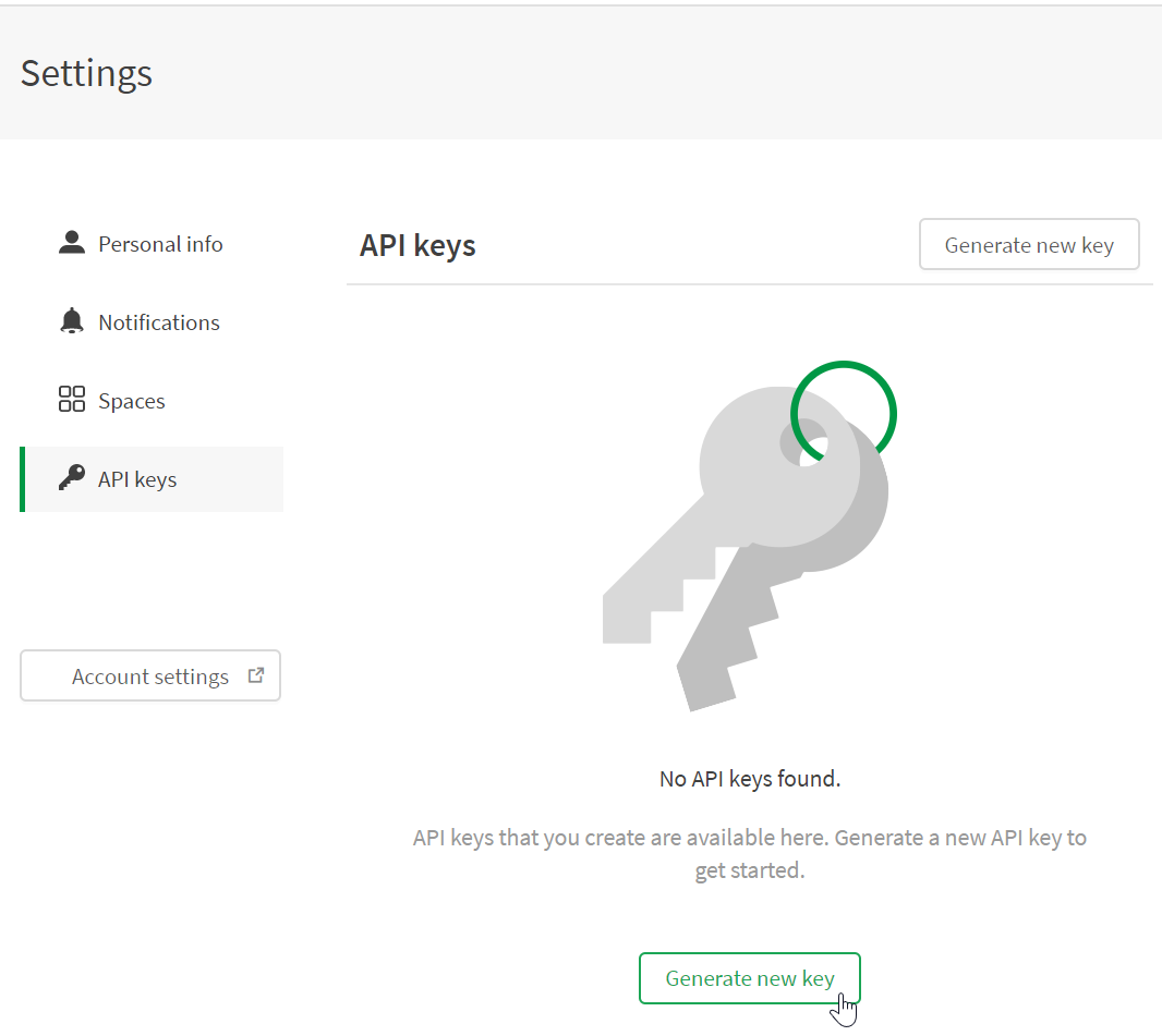 Menú de configuración del centro de control en la nube, generar clave de API