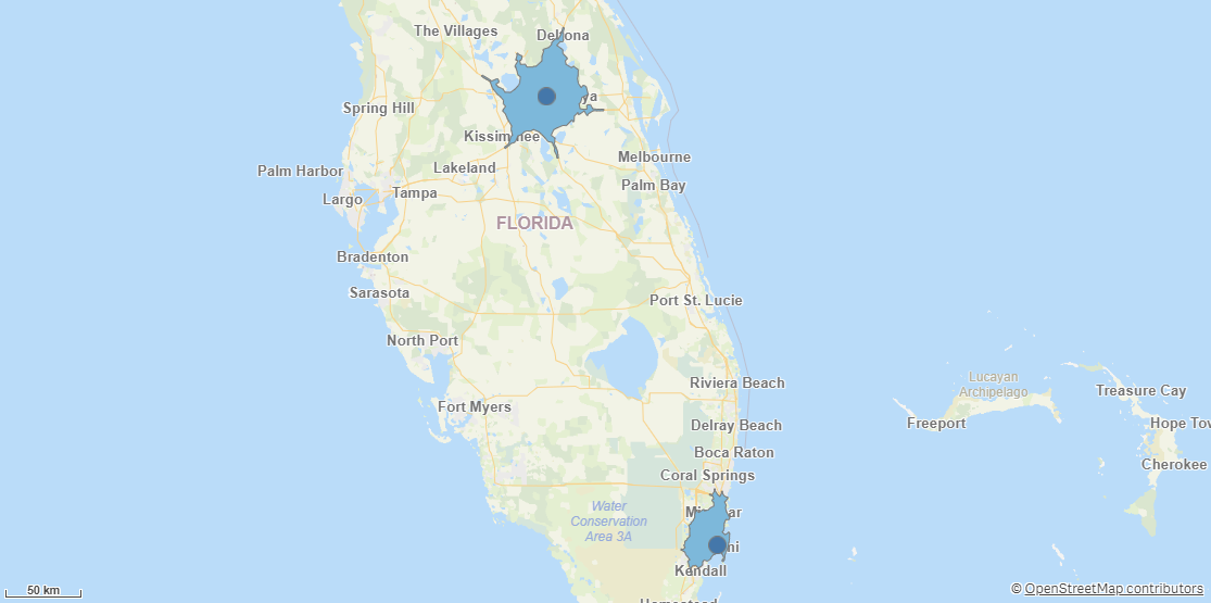 Un mapa que muestra áreas accesibles desde dos puntos.