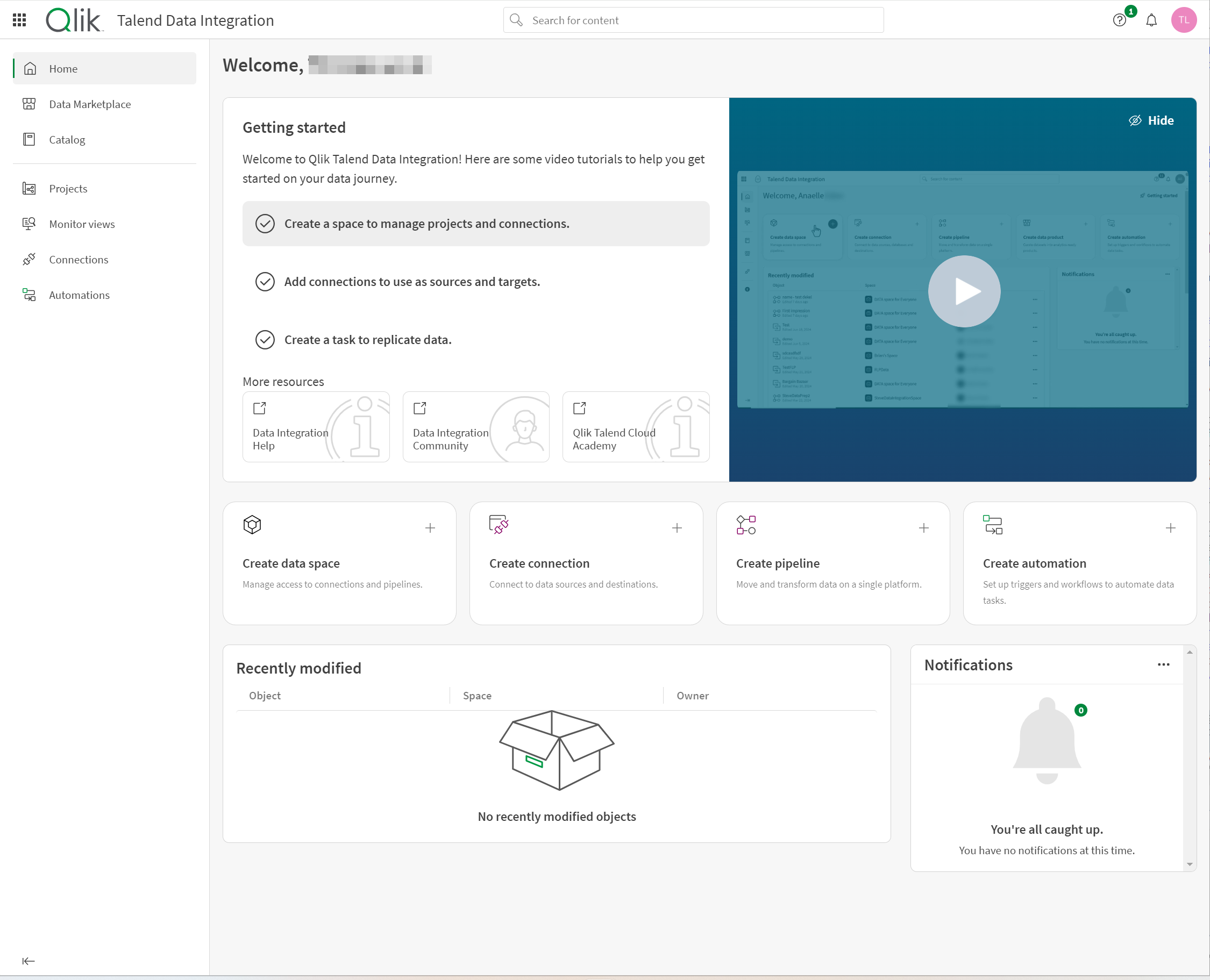 La pantalla de inicio de Qlik Talend Data Integration