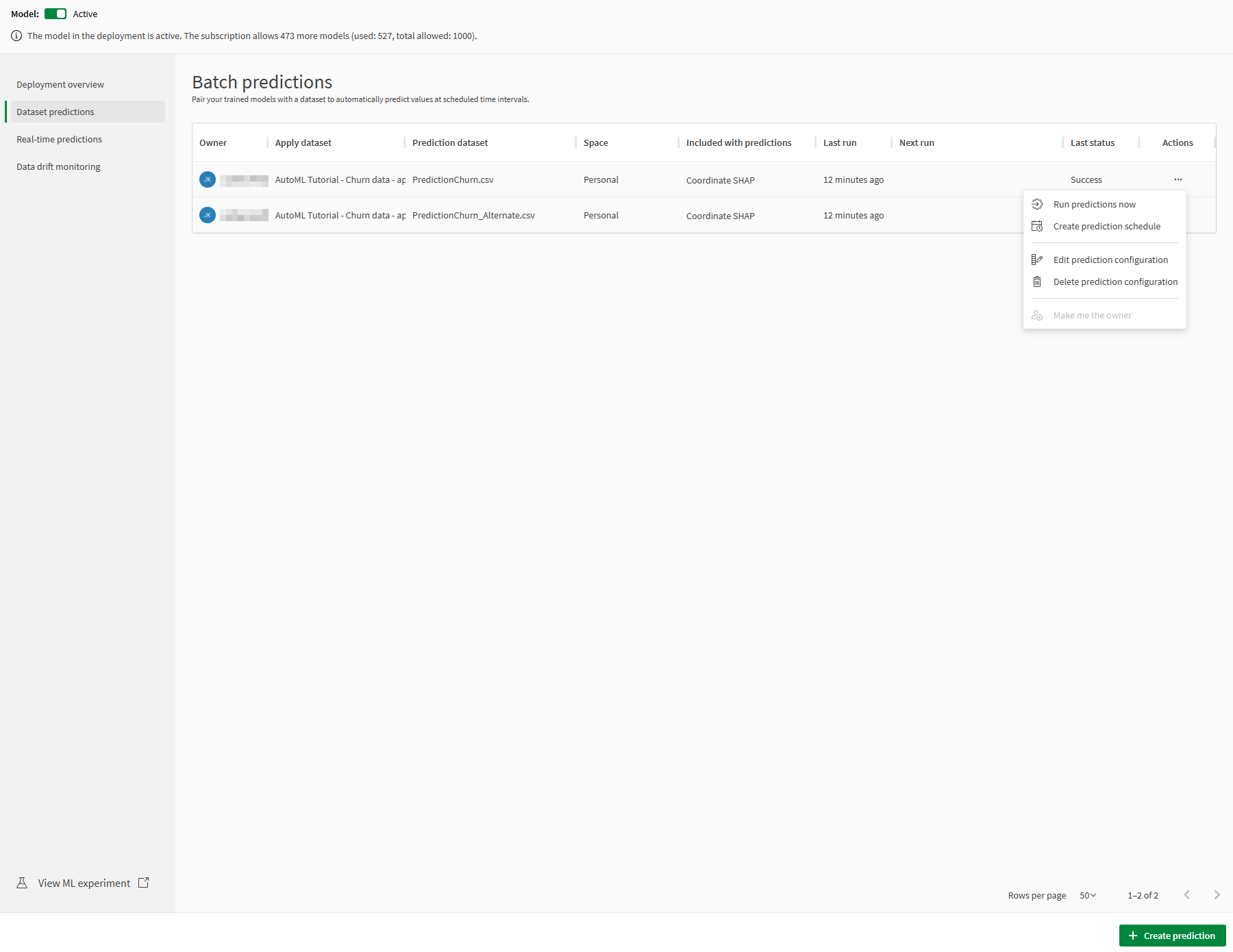 Panel de predicciones de conjuntos de datos.