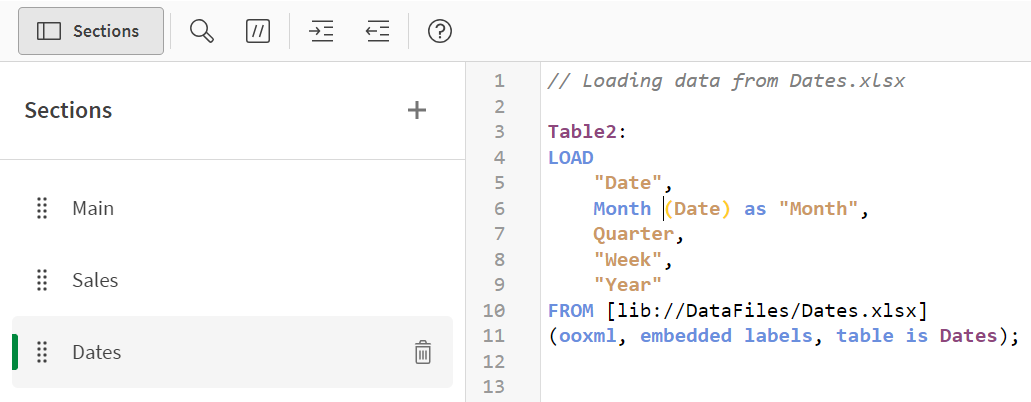 El script de carga actualizado en la pestaña Dates.