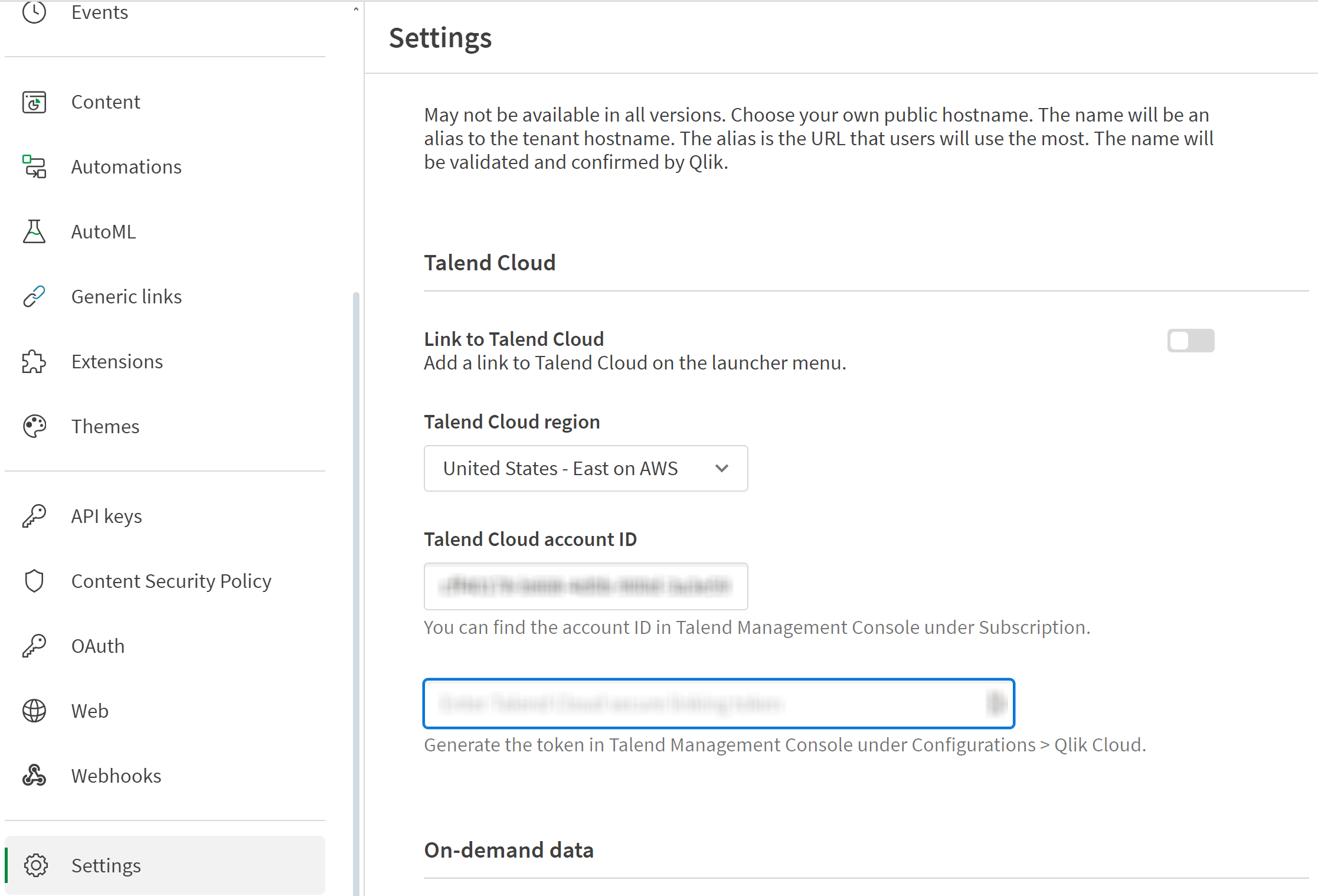 Panel de configuración que muestra las opciones de configuración de Talend Cloud