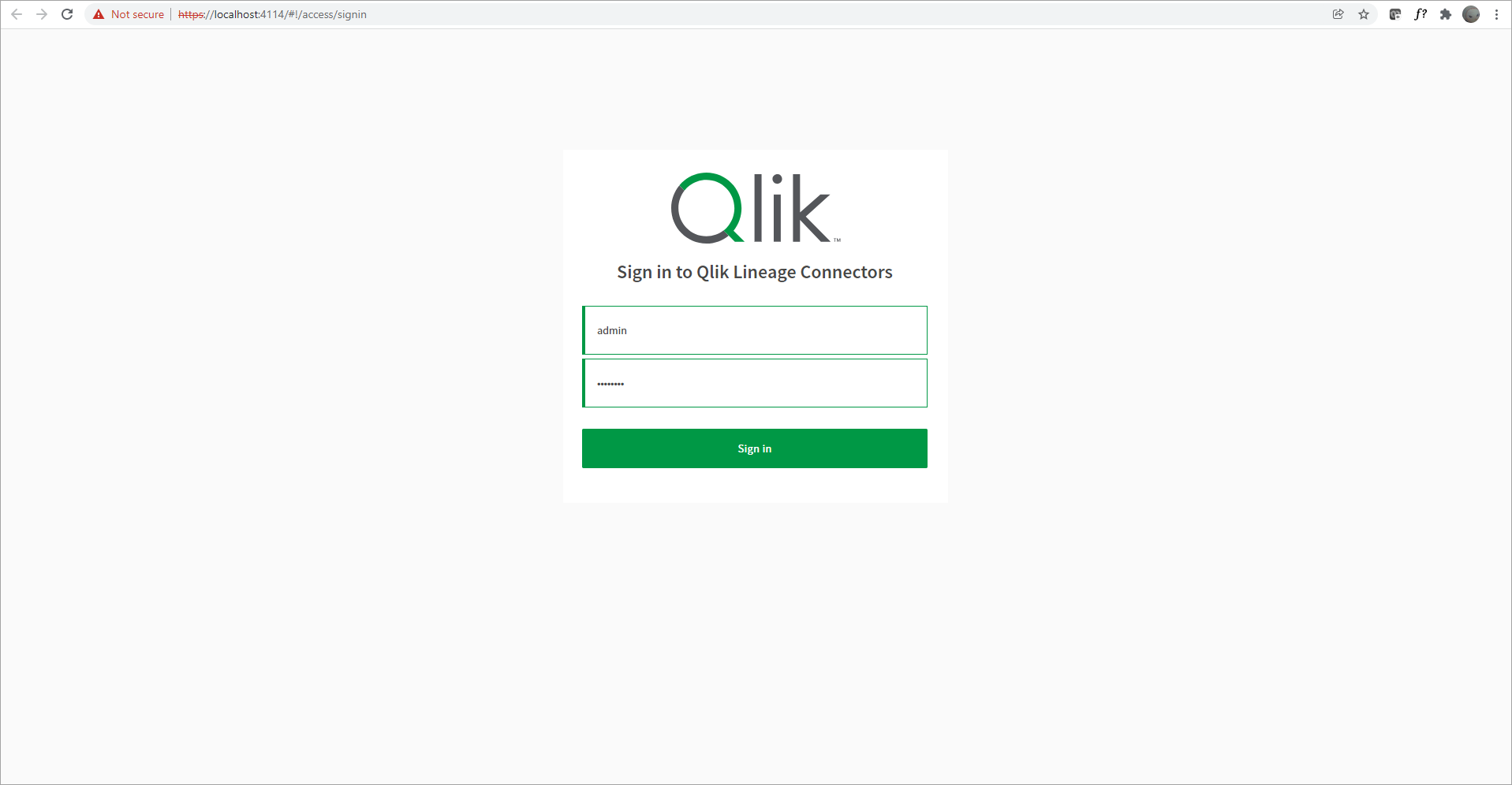 Inicie sesión en la página web de Qlik Lineage Connectors con las credenciales de administrador