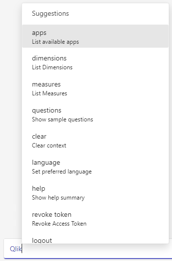 Barra de mensajes en el chat de grupo de Microsoft Teams con el chatbot de Qlik, mostrando cómo la interfaz indica al usuario los comandos disponibles.