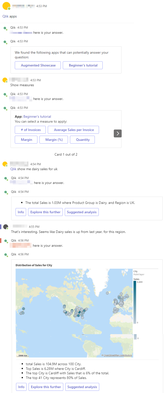 Ejemplo de cómo el bot de Qlik Microsoft Teams puede utilizarse en un canal de equipo para interacciones de grupo con datos