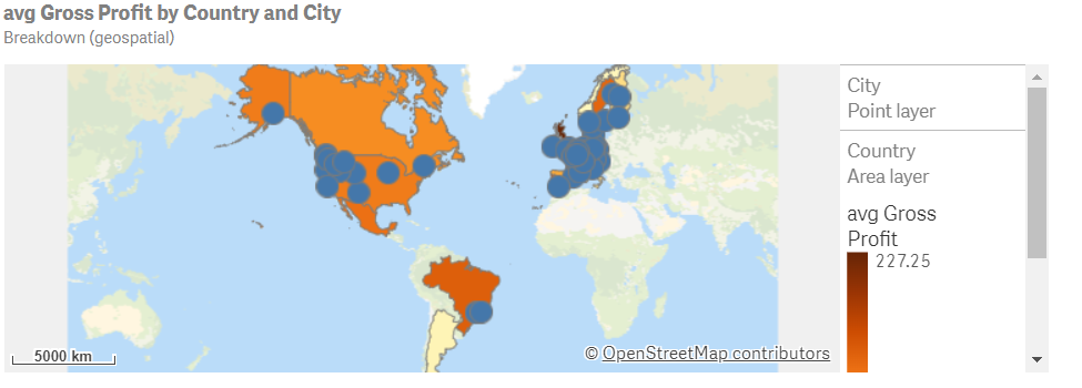 Análisis geoespacial que asocia en un mapa la media del beneficio bruto por país y ciudad.