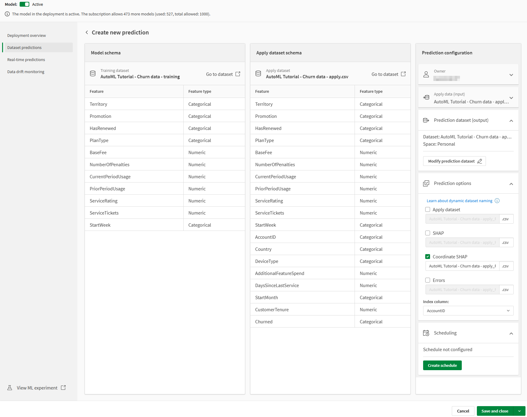 Menú de configuración de las predicciones y esquemas de conjuntos de datos al crear predicciones.