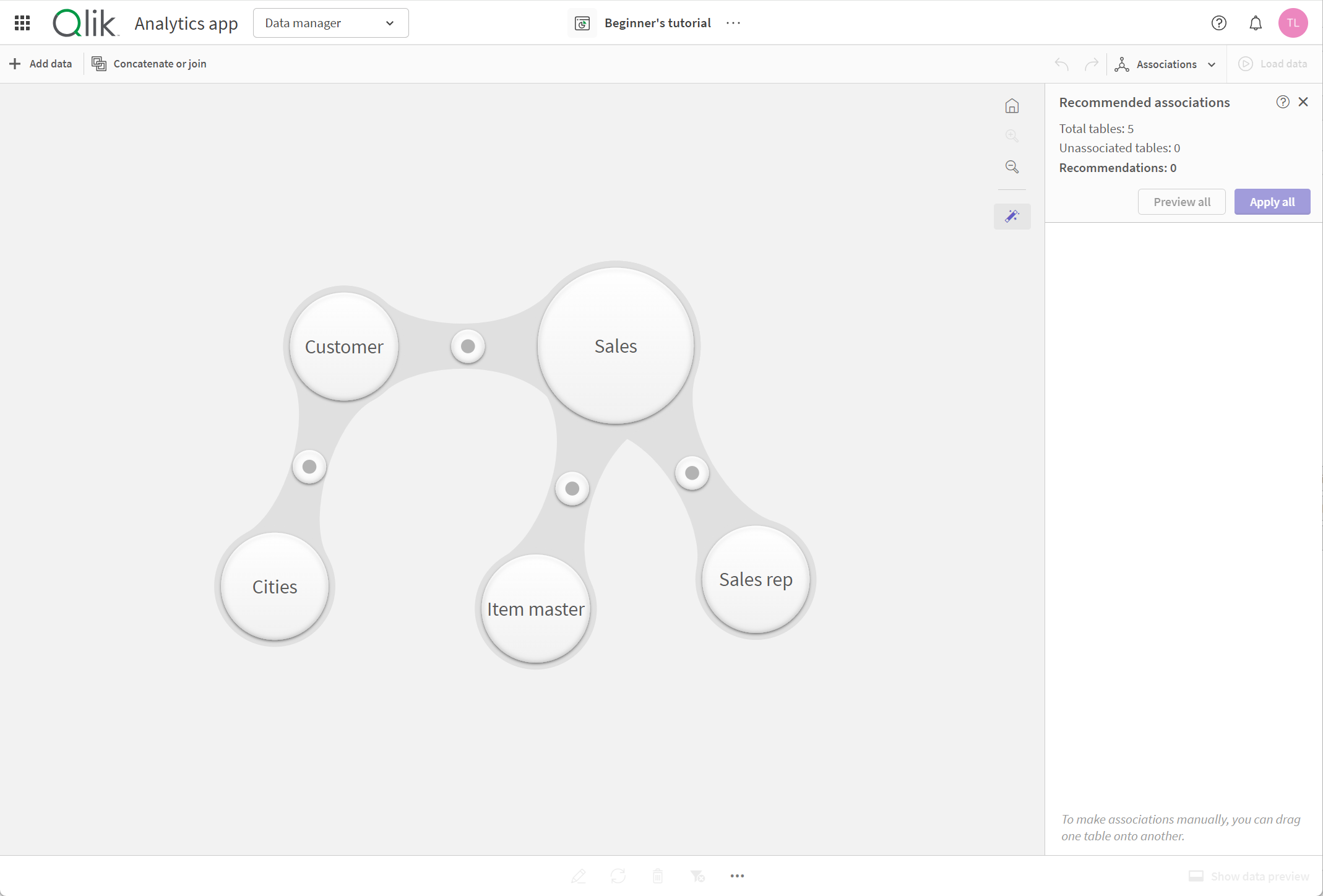 El Gestor de datos en la UI de Qlik Sense cloud