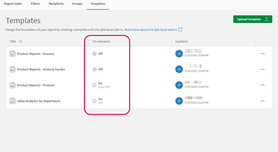 Columna "Bajo demanda" en la pestaña 'Plantillas' en la sección Informes de una app de Qlik Sense, que muestra plantillas con diferentes configuraciones bajo demanda (activadas con PDF y XLSX, activadas solo con PDF y desactivadas)