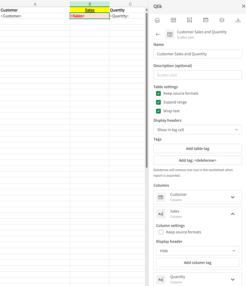 Plantilla de informe que muestra etiquetas de columnas individuales y encabezados con diferentes configuraciones de formato para cada columna