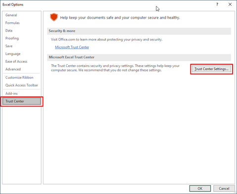 El botón "Configuración del centro de confianza..." en las opciones de Microsoft Excel