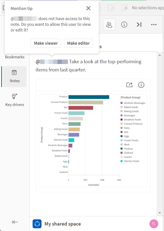 Cuadro de diálogo emergente que aparece para los usuarios mencionados sin acceso a las notas, lo que le permite otorgarles acceso de visualización o coautoría.