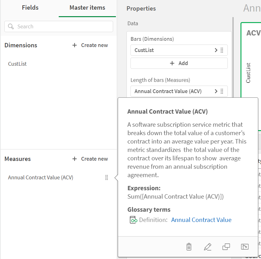 Se selecciona la medida maestra Annual Contract Value, que muestra la definición de Valor anual del contrato extraída del término en el glosario.