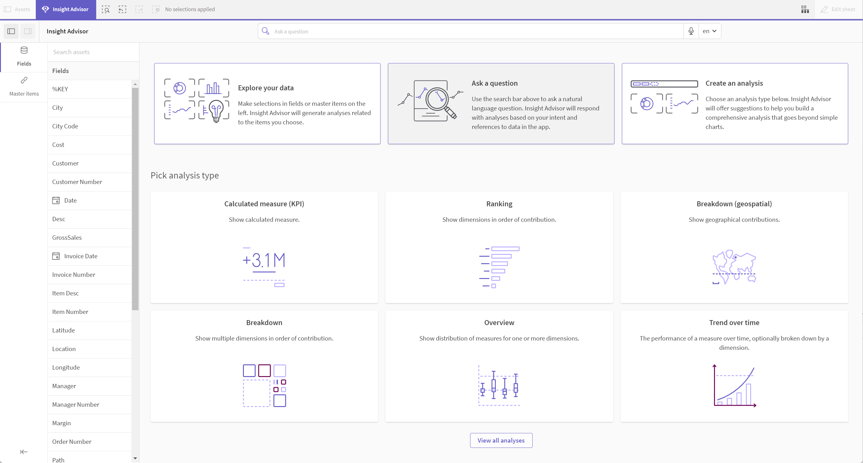 Tipos de análisis de Insight Advisor muestra los tipos de análisis disponibles en las opciones de análisis.