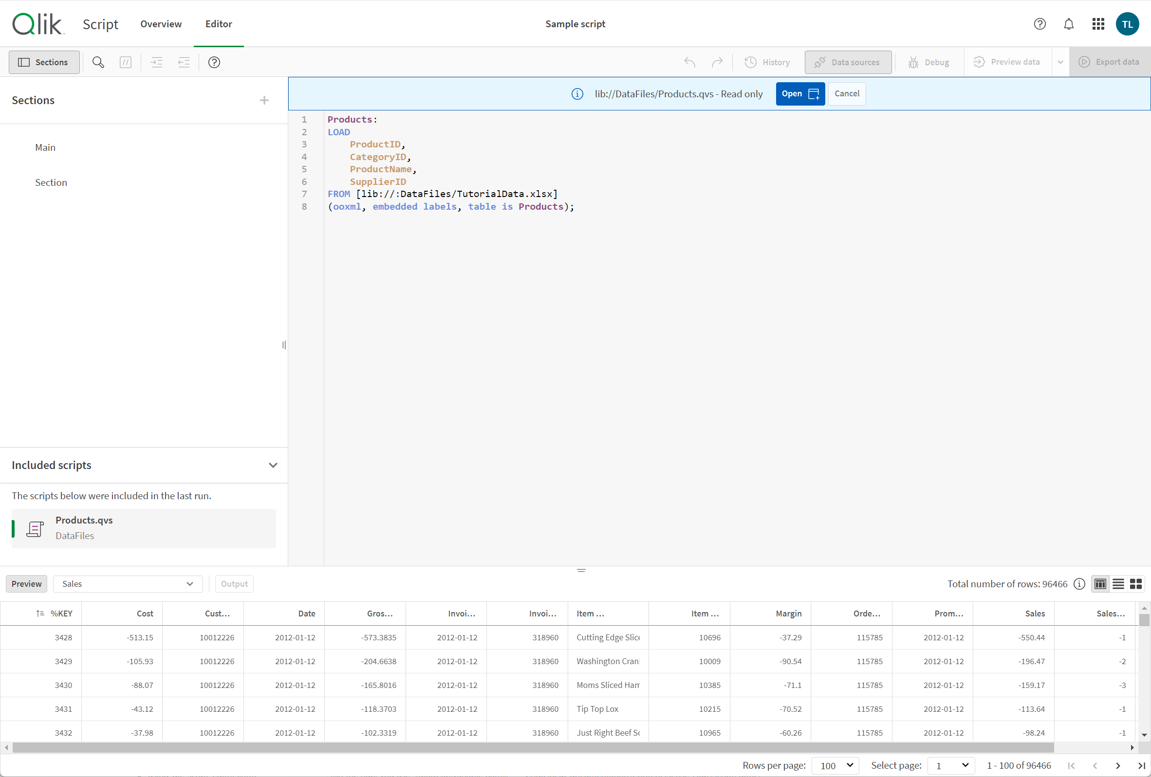 El editor de script muestra un script QVS seleccionado en Scripts incluidos.