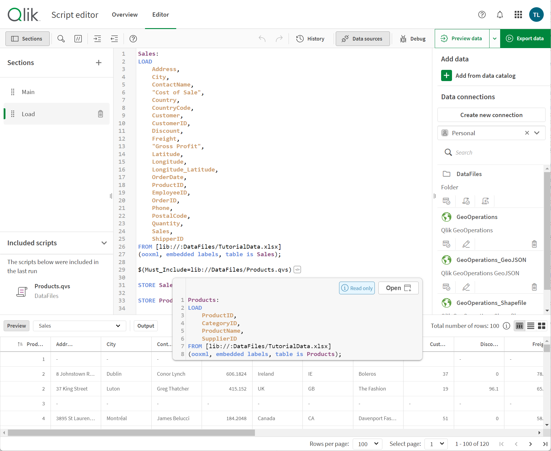 Vista previa de un script QVS insertado en el editor de scripts.