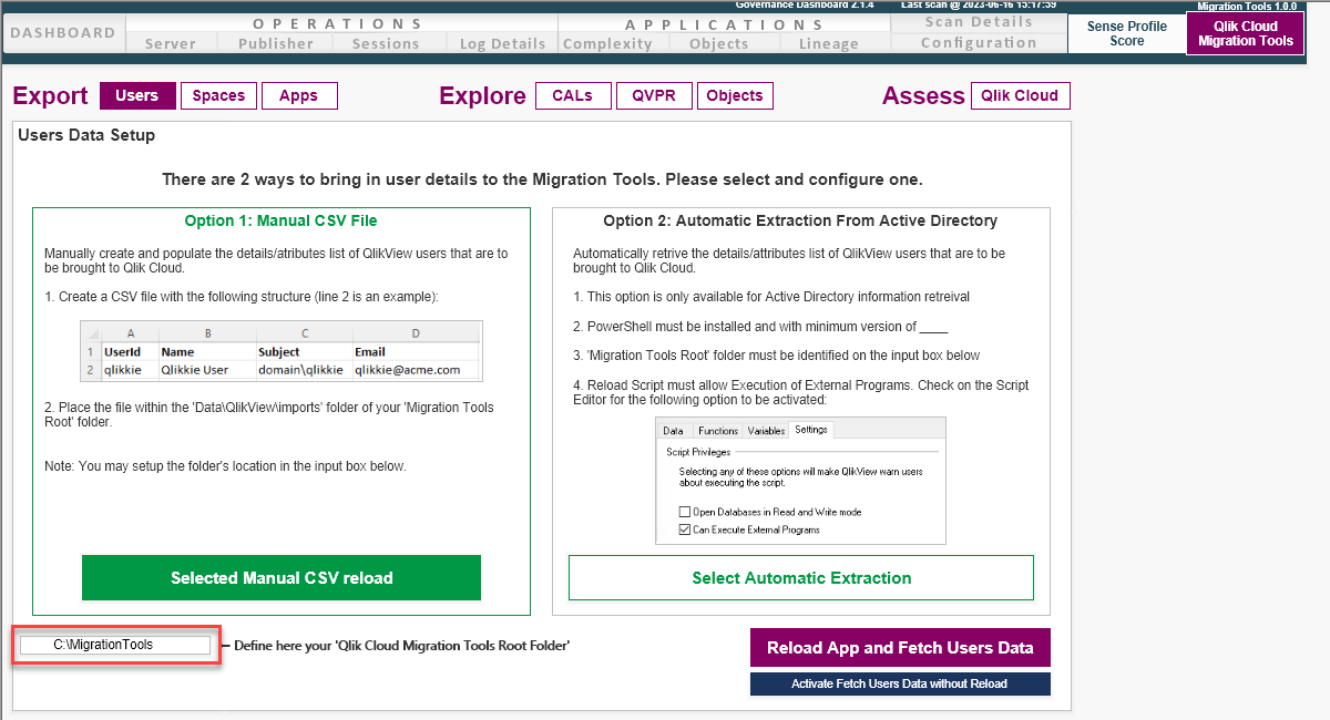 Pestaña de herramientas de migración de la app de migración de QlikView a SaaS donde insertar la ruta de la carpeta raíz