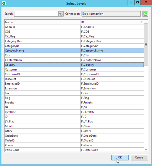 Levels selection window