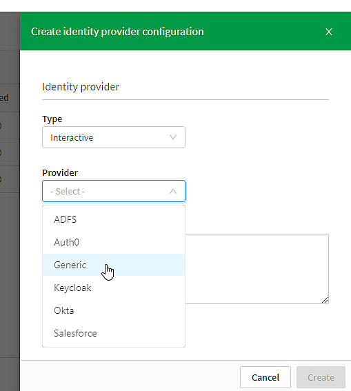 Al crear una configuración de un proveedor de identidad interactivo, elija de una lista de varios proveedores.