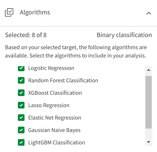 Section Algorithmes du panneau de personnalisation de l'apprentissage AutoML.