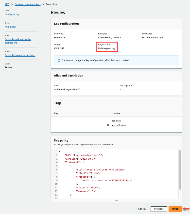 Console de gestion AWS avec un lien par bouton pour créer une clé CMK.