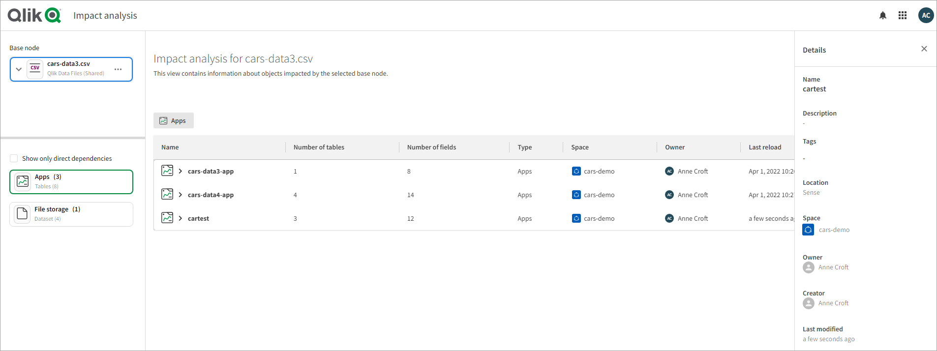 Vue Détails accessible depuis le lien vers la vue synthétique Analyse de l'impact