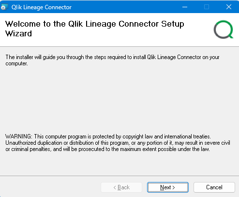 Page de bienvenue de l'assistant Qlik Lineage Connector