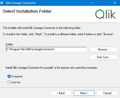 Sélection du dossier dans lequel enregistrer le package logiciel Qlik Lineage Connector