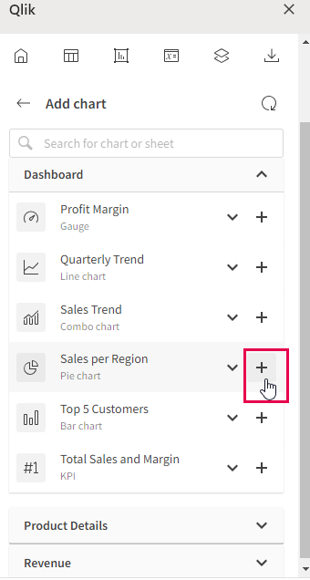 Sélection du graphique à ajouter au modèle parmi les graphiques disponibles répertoriés par feuille de l'application