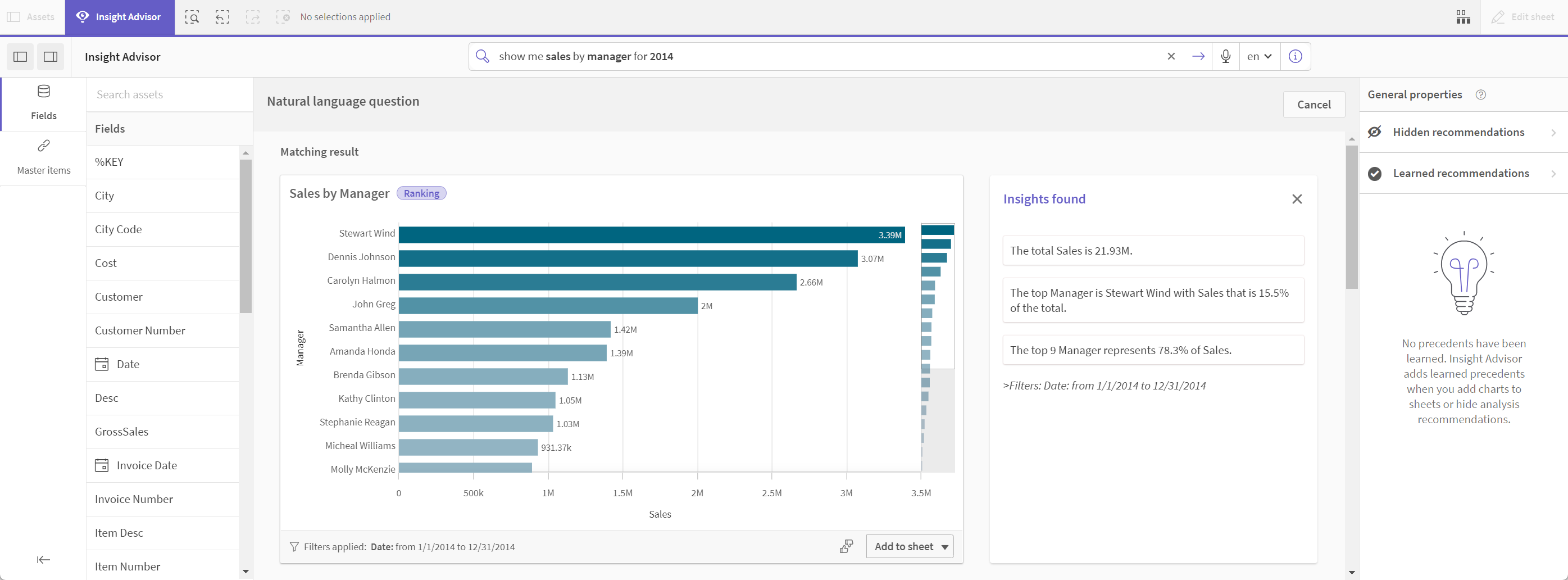 Graphique à barres de résultats correspondant pour la requête 'sum(Sales) by Customer' incluant trois informations analytiques narratives dans la section 'Insights found'.