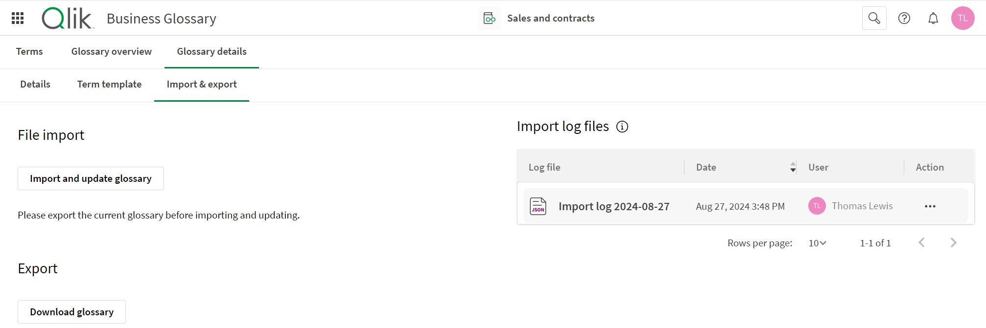 Section Importer et exporter de Glossaire métier.