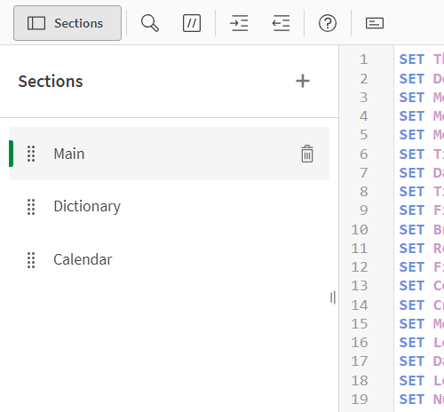 Sections de l'éditeur de chargement de données.