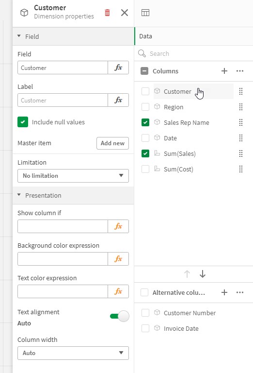 Panneau des propriétés lorsqu'un tableau simple est sélectionné.