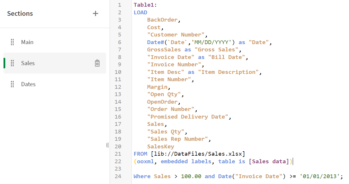 Finestra dello script di caricamento con lo script per ridurre la quantità di dati caricati.