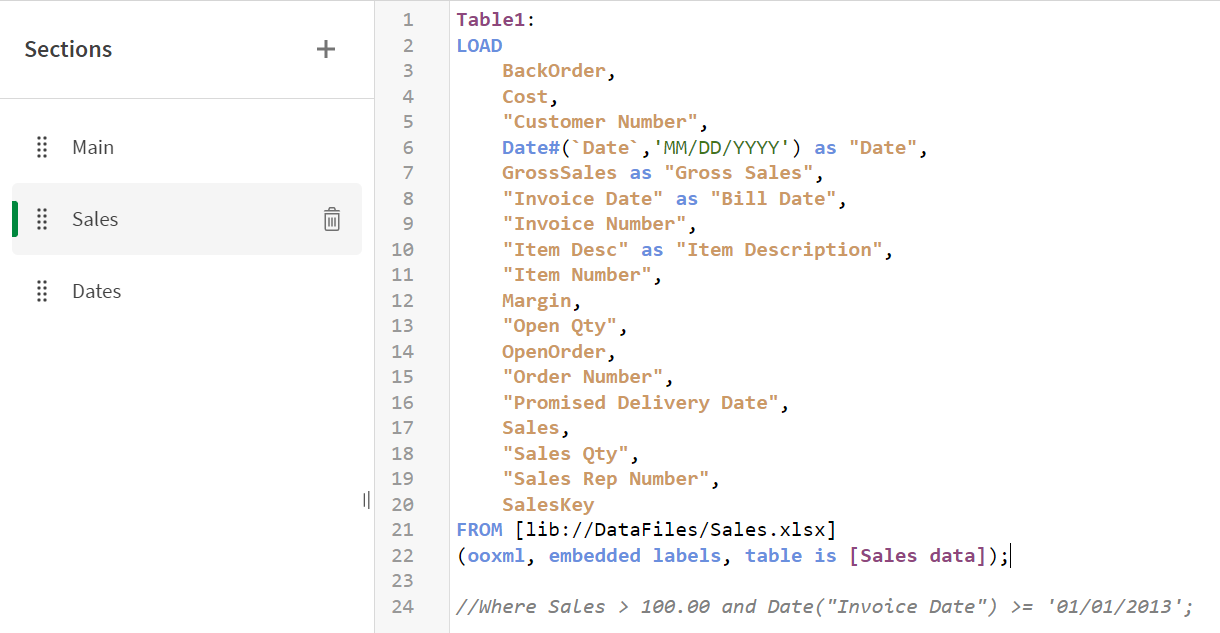 Finestra dello script di caricamento con l'istruzione Where impostata come commento.