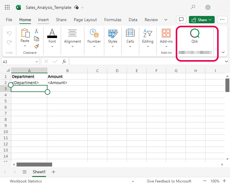 Barra multifunzione in Microsoft Excel che mostra l'icona del componente aggiuntivo di Qlik