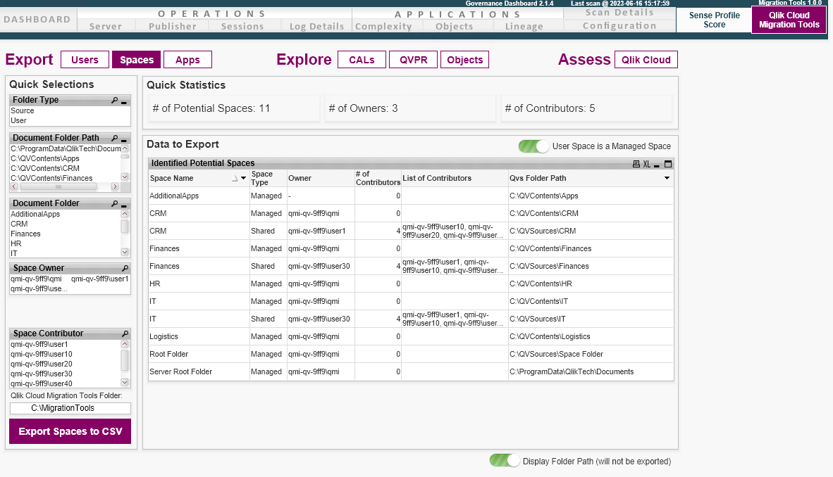 Scheda Strumenti di migrazione dell'app QlikView to SaaS Migration, vista Esporta spazi