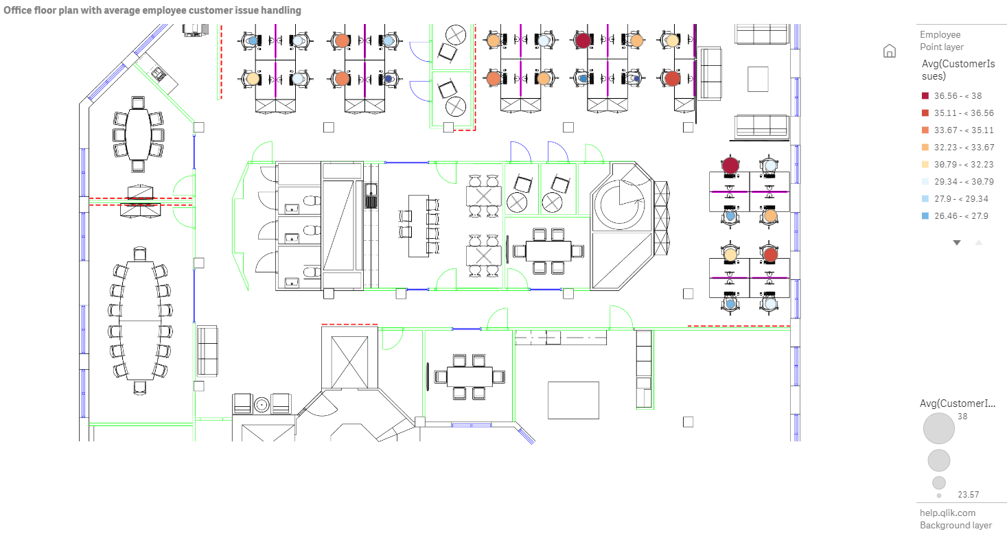 Esempio di mappa con immagine di una planimetria di sfondo con un livello punti che mostra i dipendenti dimensionati in base al numero di problemi dei clienti risolti