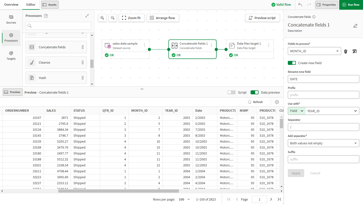 Concatenate fields プロセッサーを使用したデータ フロー