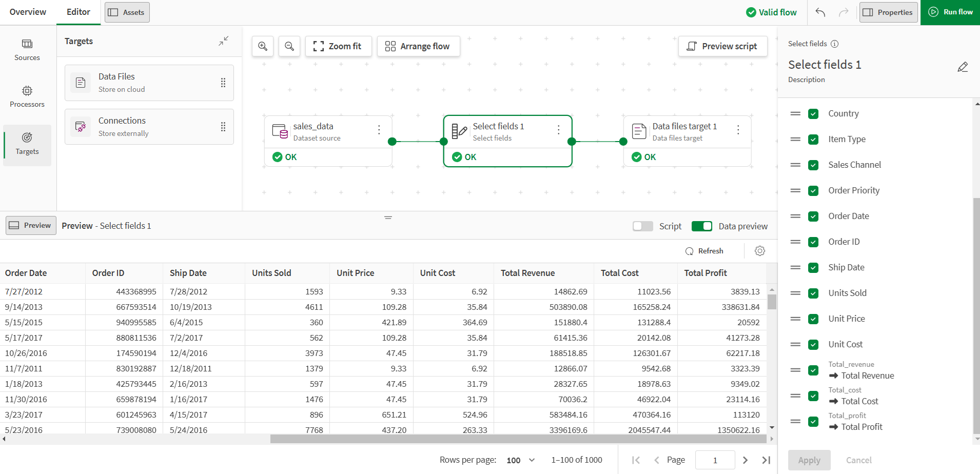 Select fields プロセッサーを使用してフィールド名の変更と並べ替えを実行するデータ フロー