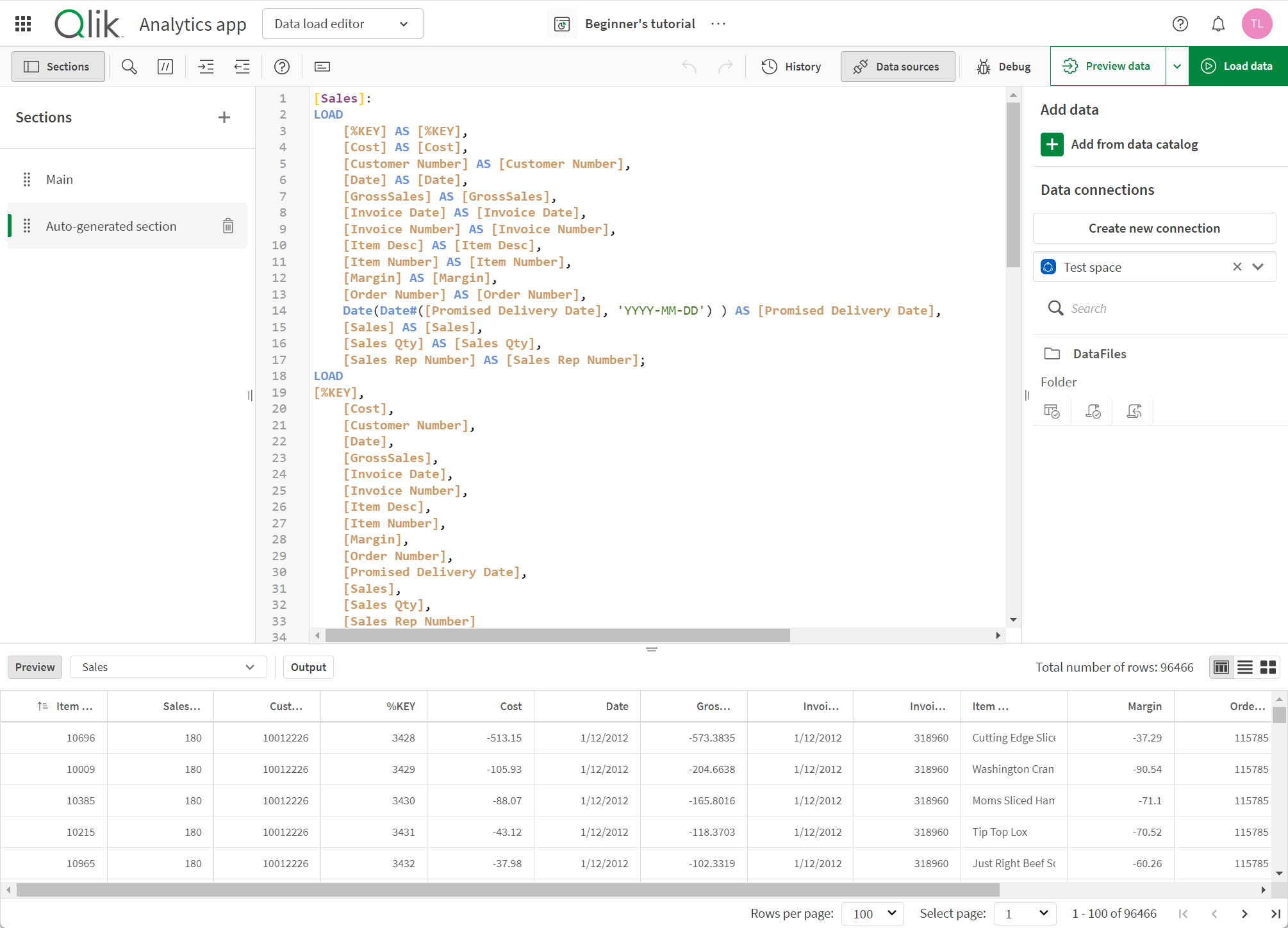 Qlik Cloud アプリのデータ ロード エディター。