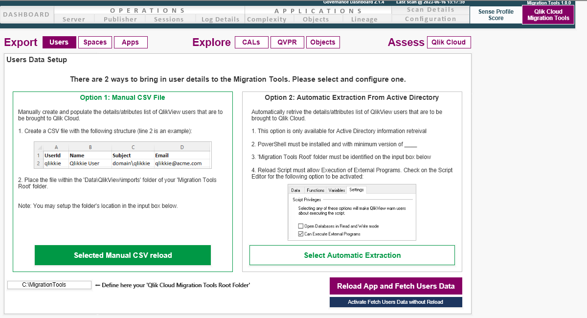 QlikView to SaaS Migration App のユーザー データ設定画面