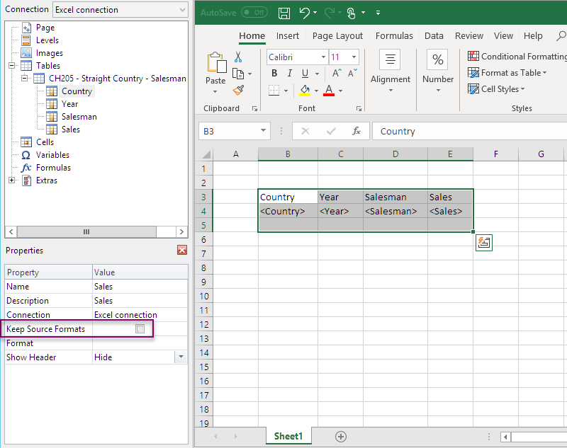 レベルがテーブルとして追加された Excel レポート テンプレート。