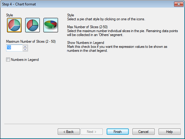 Step 4: Chart format (pie chart). The user can select a style, a maximum number of slices, and whether to show numbers in the chart legend.