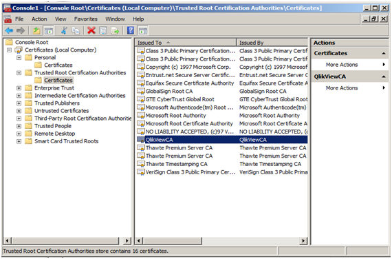 Installed certificates under Console Root > Certificates (Local Computer) > Trusted Root Certification Authorities > Certificates.