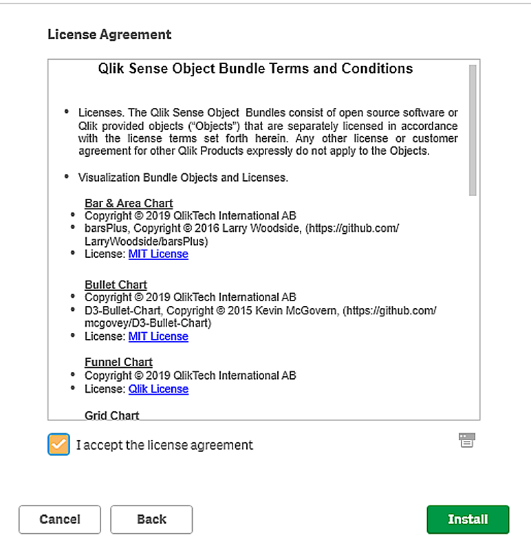 すべてのオプションが選択された状態で、Qlik Sense インストーラーから画面をインストールする準備ができました。