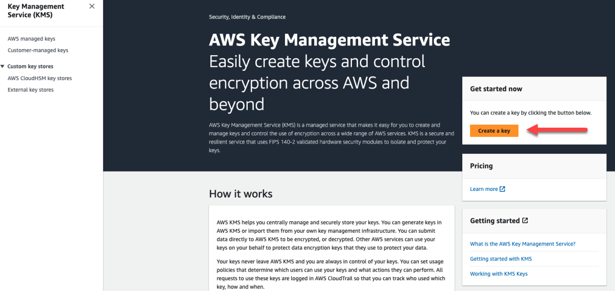 CMK 키를 만들 수 있는 버튼 링크가 포함된 AWS 관리 콘솔.