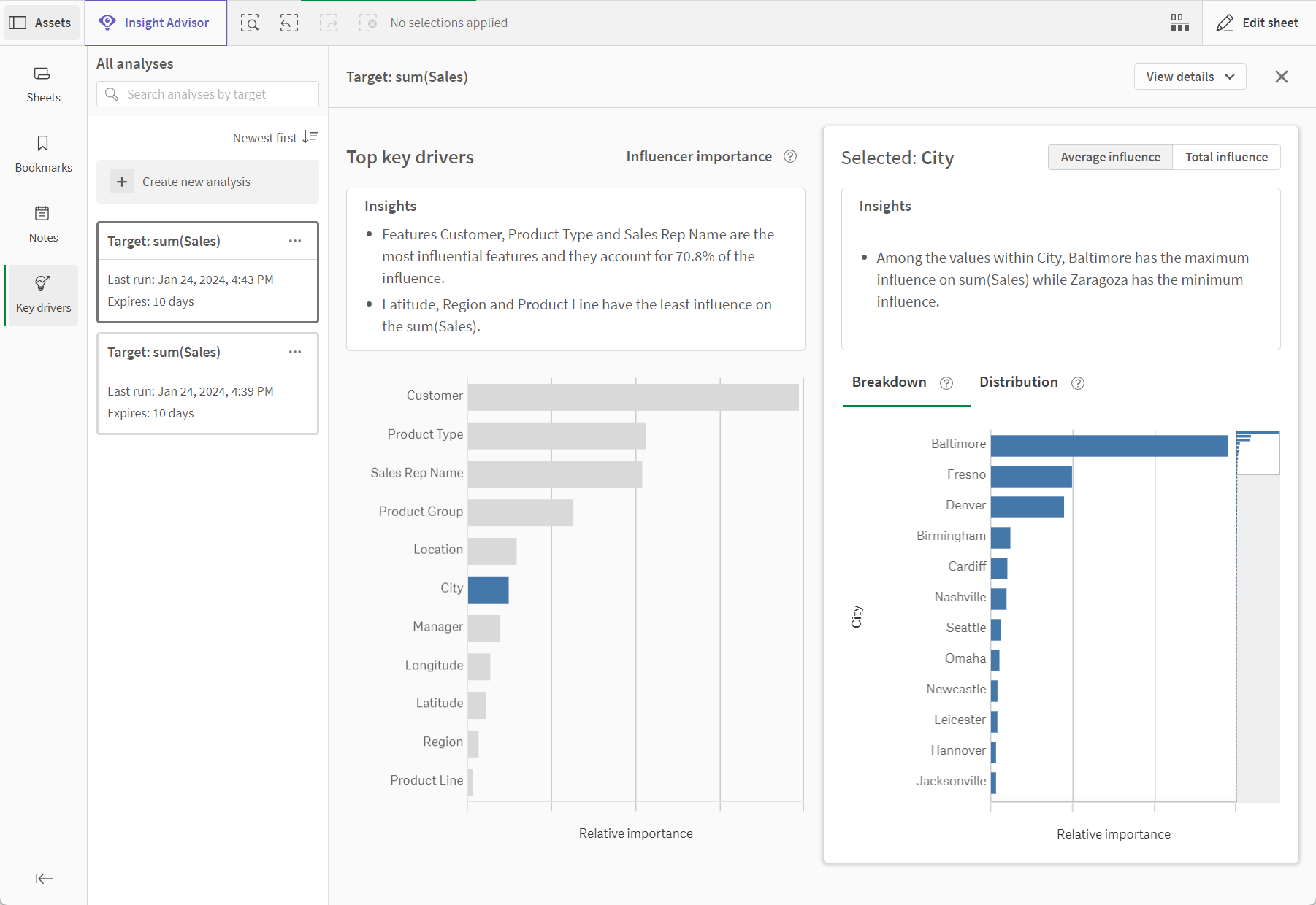 Qlik Sense 앱의 키 드라이버 분석