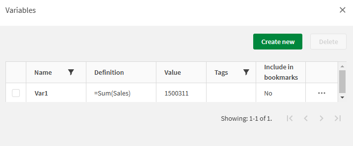 변수 정의(Sum Sales)의 시작 부분에 등호가 있는 경우, 변수 Var1의 정의와 값을 보여 주는 변수 대화 상자.